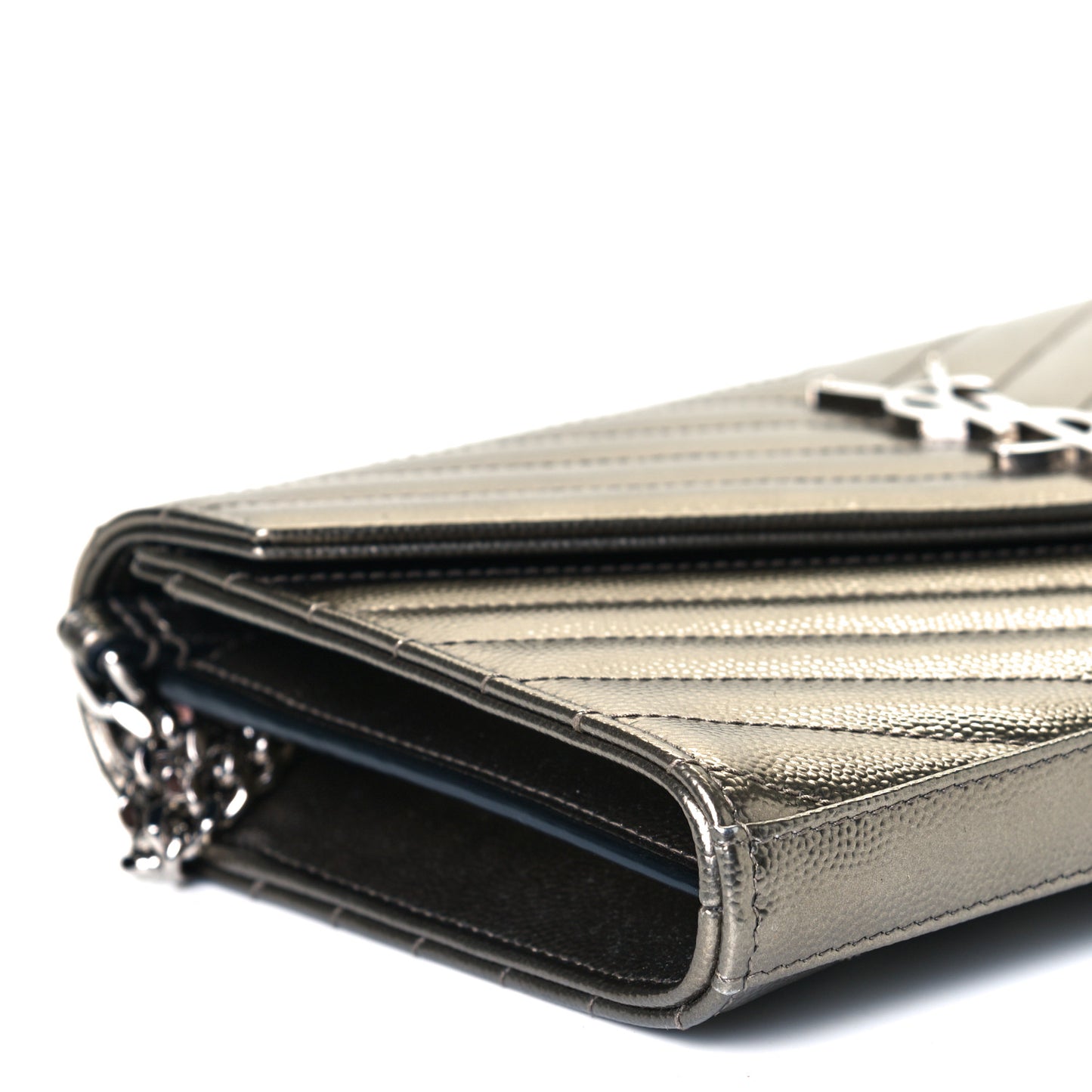 Metallic Grain De Poudre Matelasse Chevron Monogram Chain Wallet Piombo
