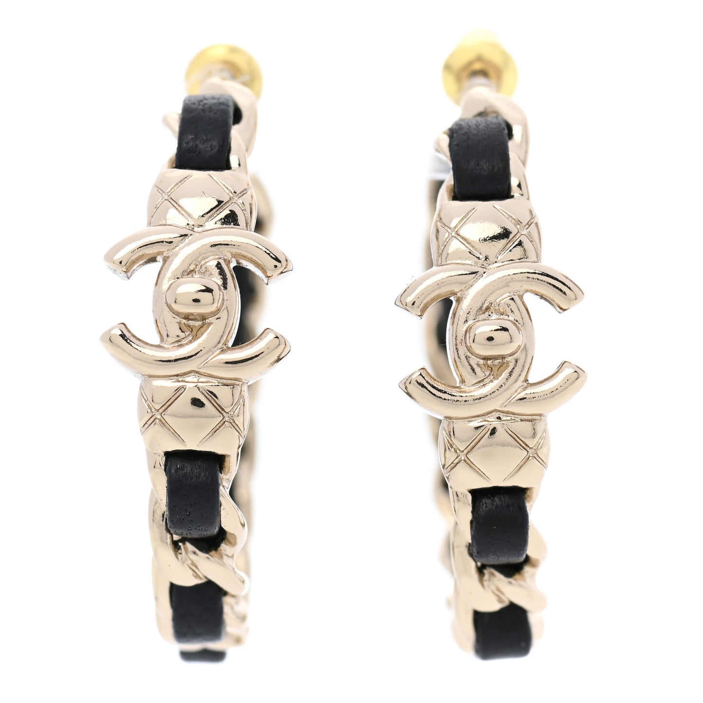 Metal Lambskin Quilted CC Turnlock Chain Hoop Earrings Gold Black