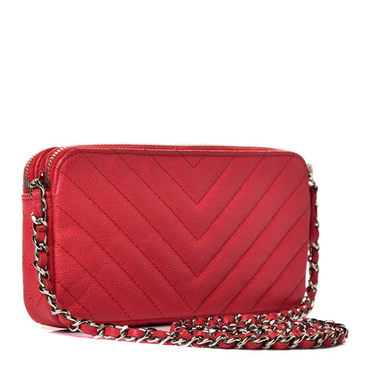 Chanel Caviar Chevron Quilted Small Clutch With Chain Light Red 2 of 8