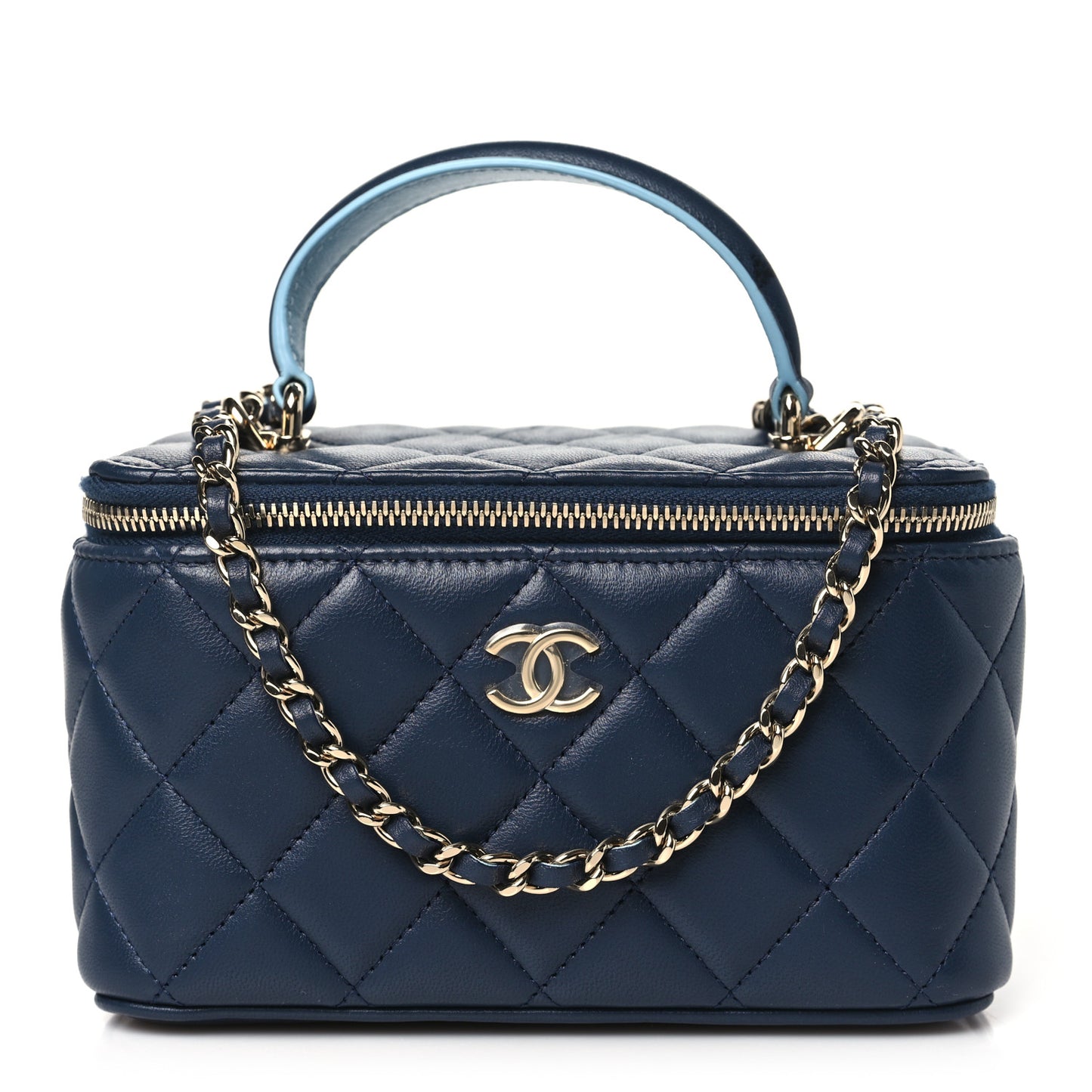 Lambskin Quilted Small Top Handle Vanity Case With Chain Dark Blue Light Blue