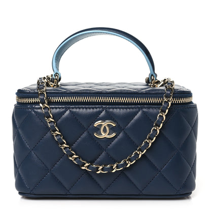 Chanel Lambskin Quilted Small Top Handle Vanity Case With Chain Dark Blue Light Blue 1 of 12