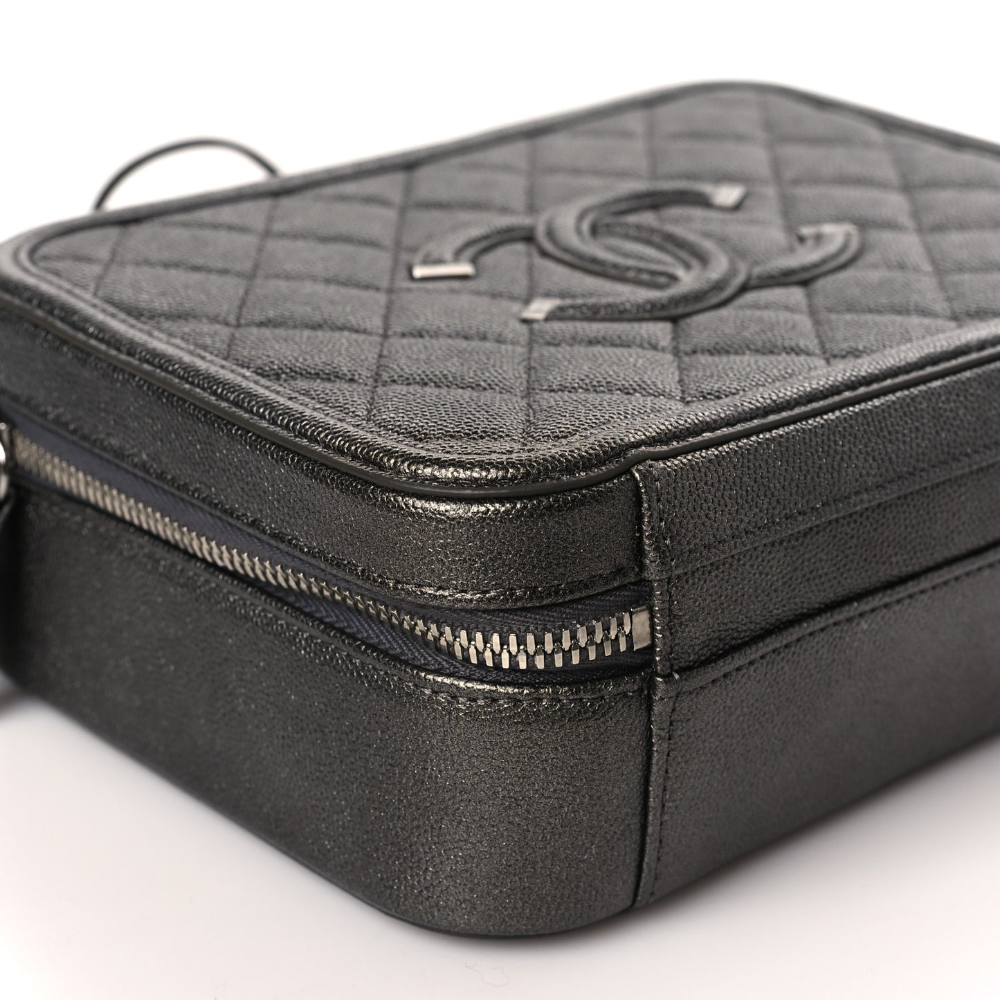 Metallic Caviar Quilted Medium CC Filigree Vanity Case Dark Silver