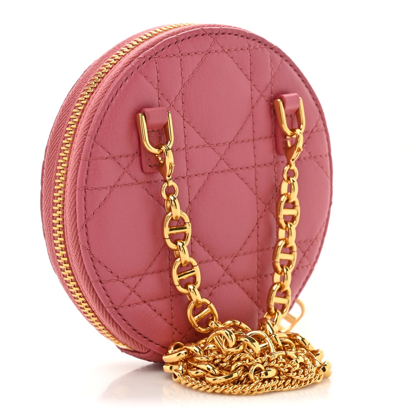 Calfskin Cannage Round Caro Pouch Pink Yarrow