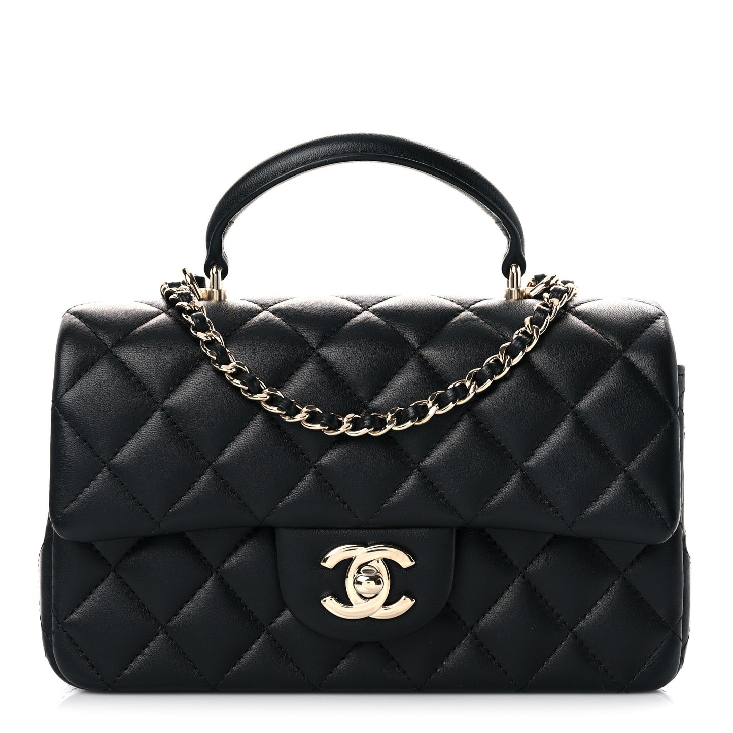 Lambskin Quilted Mini Top Handle Rectangular Flap Black