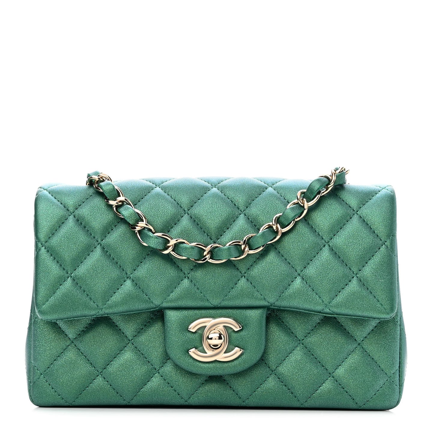 Iridescent Calfskin Quilted Mini Rectangular Flap Green