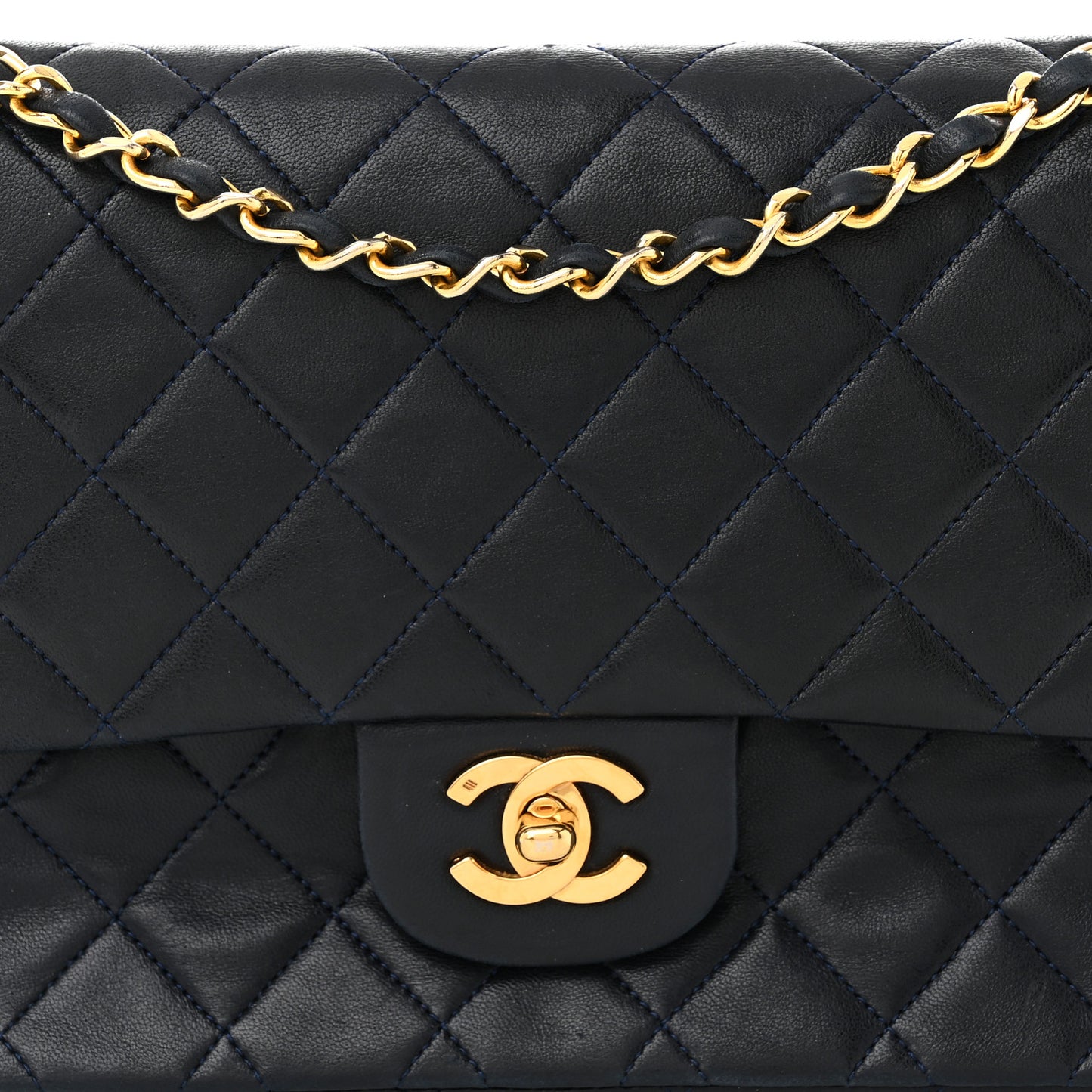 Lambskin Quilted Medium Double Flap Navy