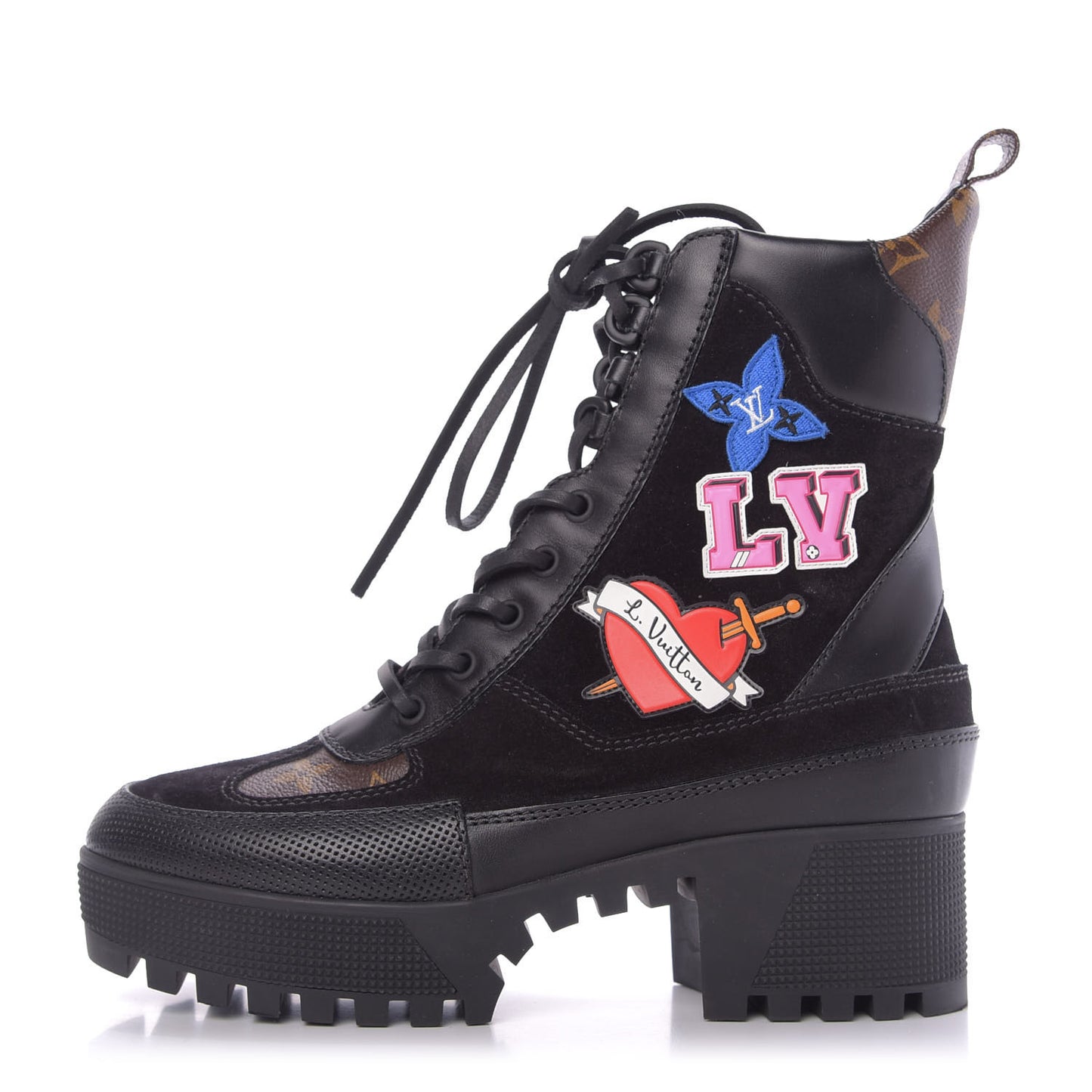 Suede Calfskin Monogram LV Black Heart Laureate Platform Desert Boots 37.5 Black