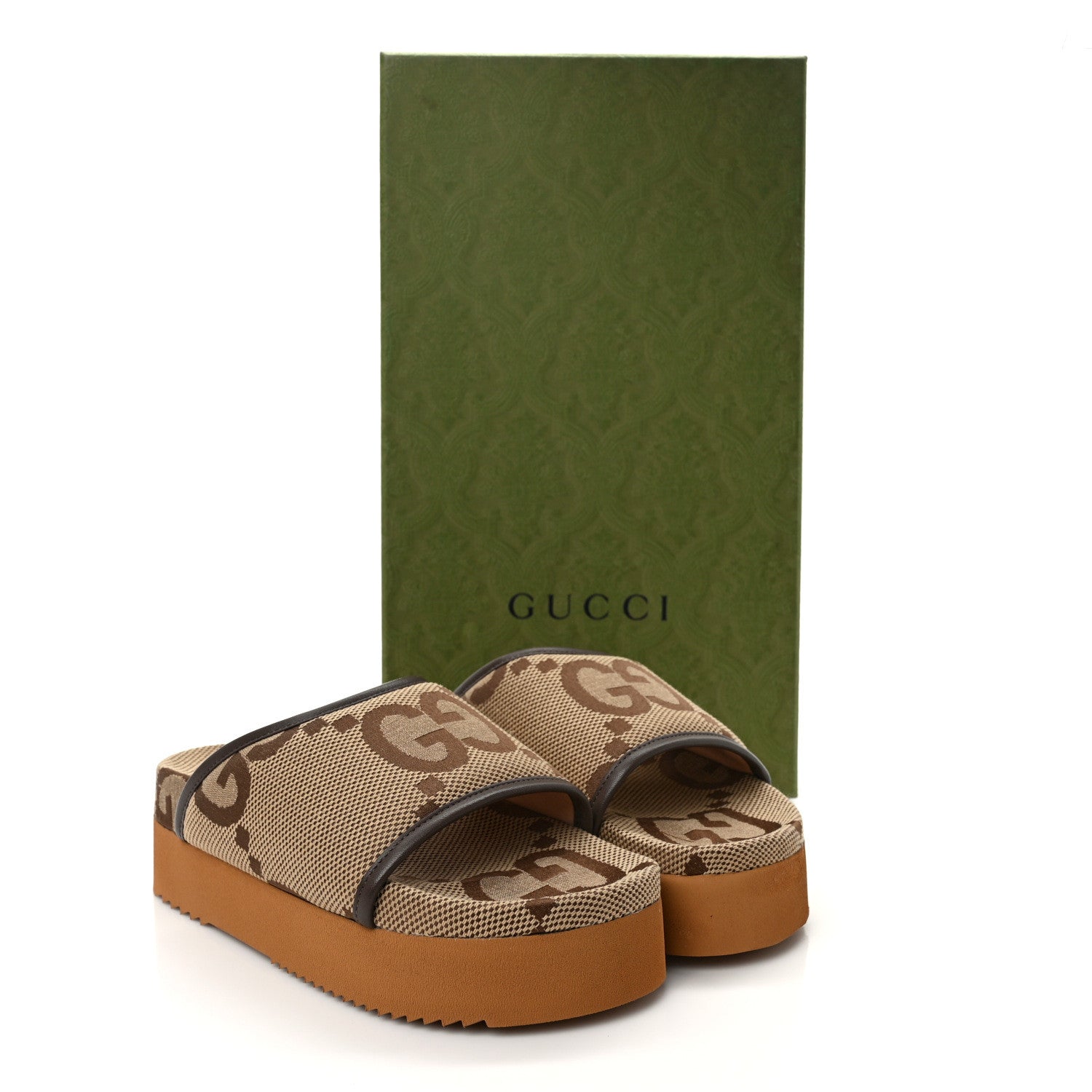 Gucci Monogram Jumbo GG Nappa Samoa Platform 40mm Slide Sandals 35 Camel Ebony New Acero 9 of 9