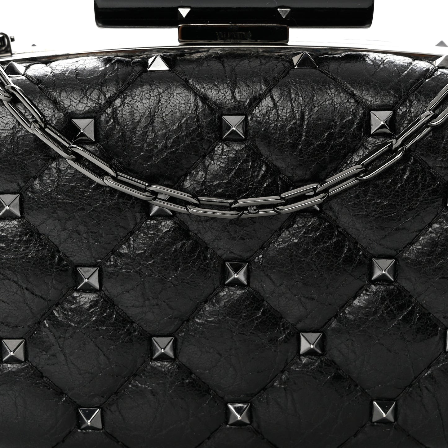 Craquele Nappa Rockstud Spike Minaudiere Clutch Black