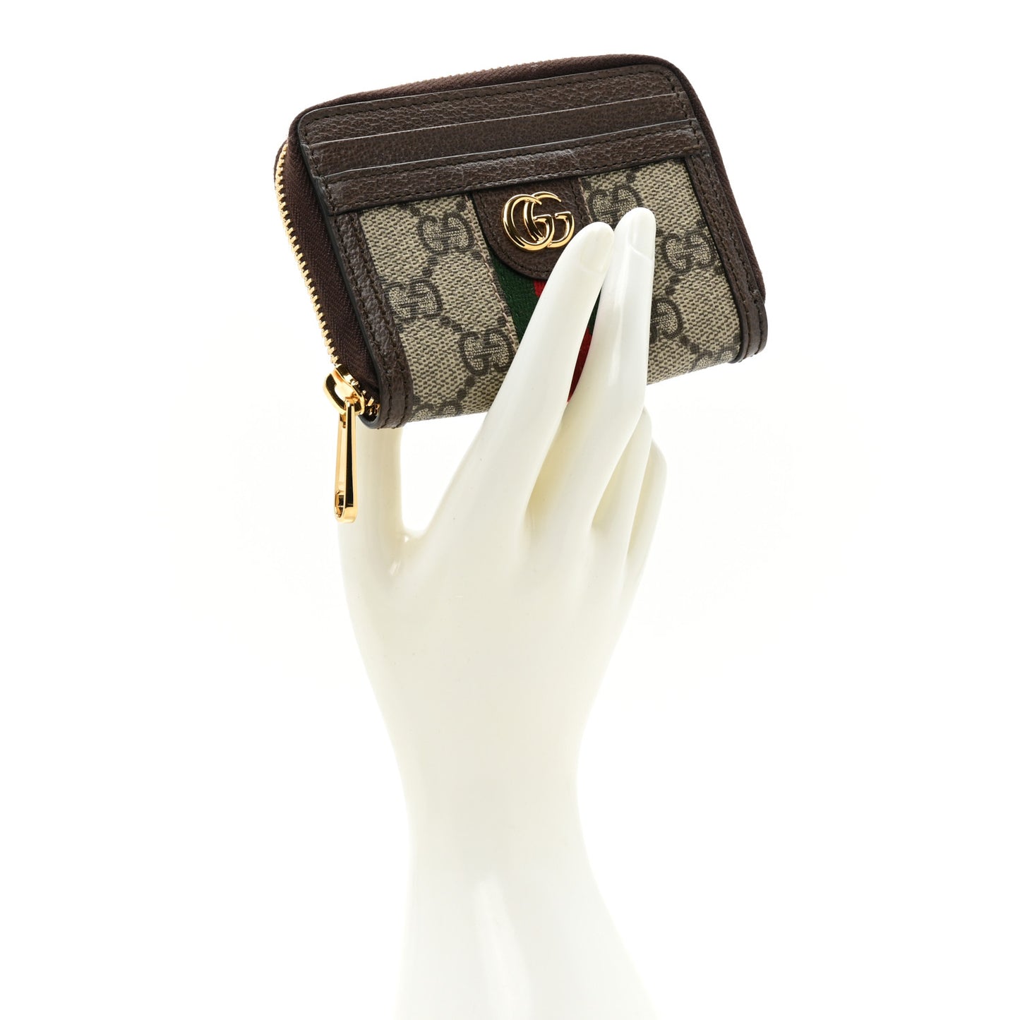 GG Supreme Monogram Textured Dollar Calfskin Web Ophidia Zip Around Card Case Wallet Beige Ebony New Acero