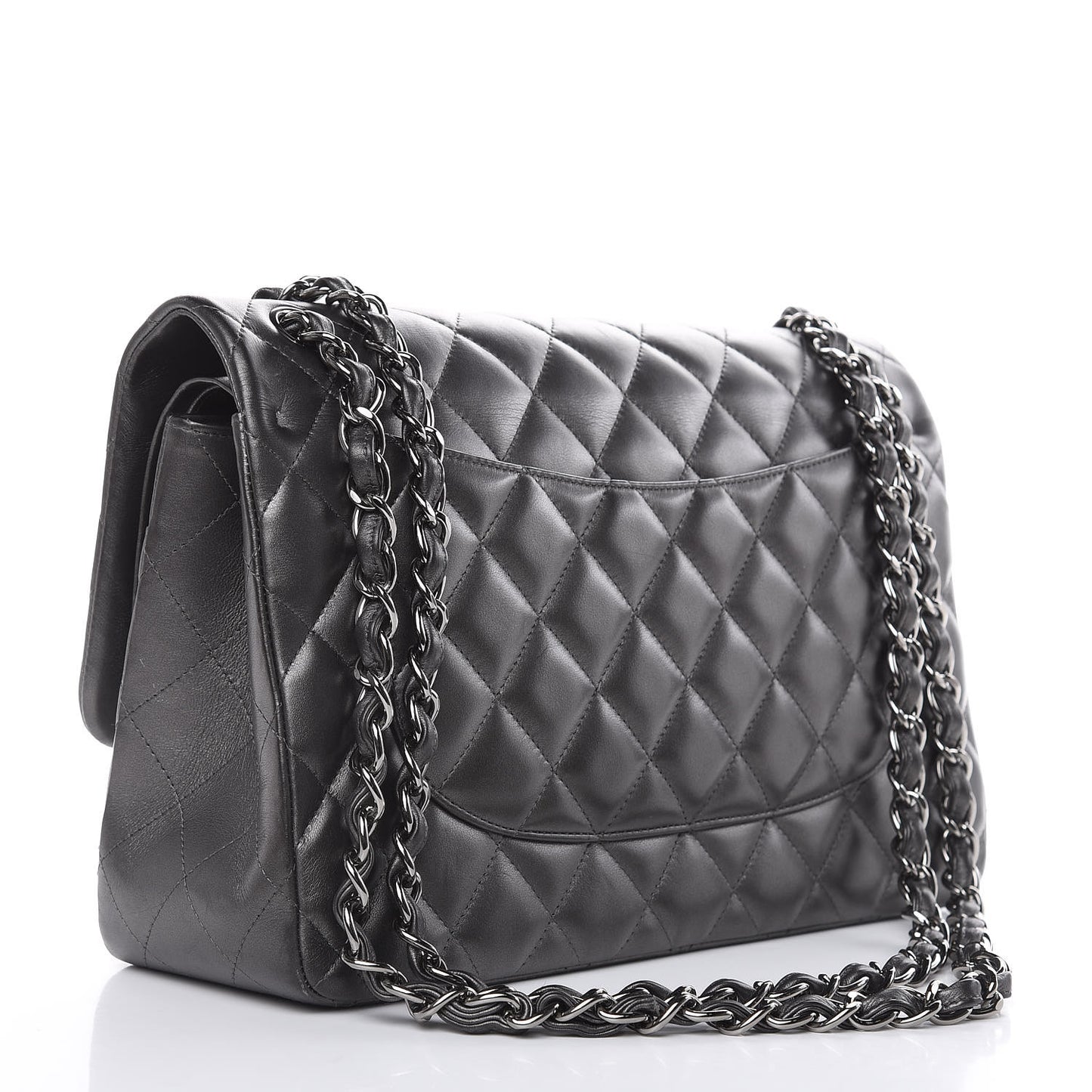 Metallic Lambskin Quilted Jumbo Double Flap Pewter