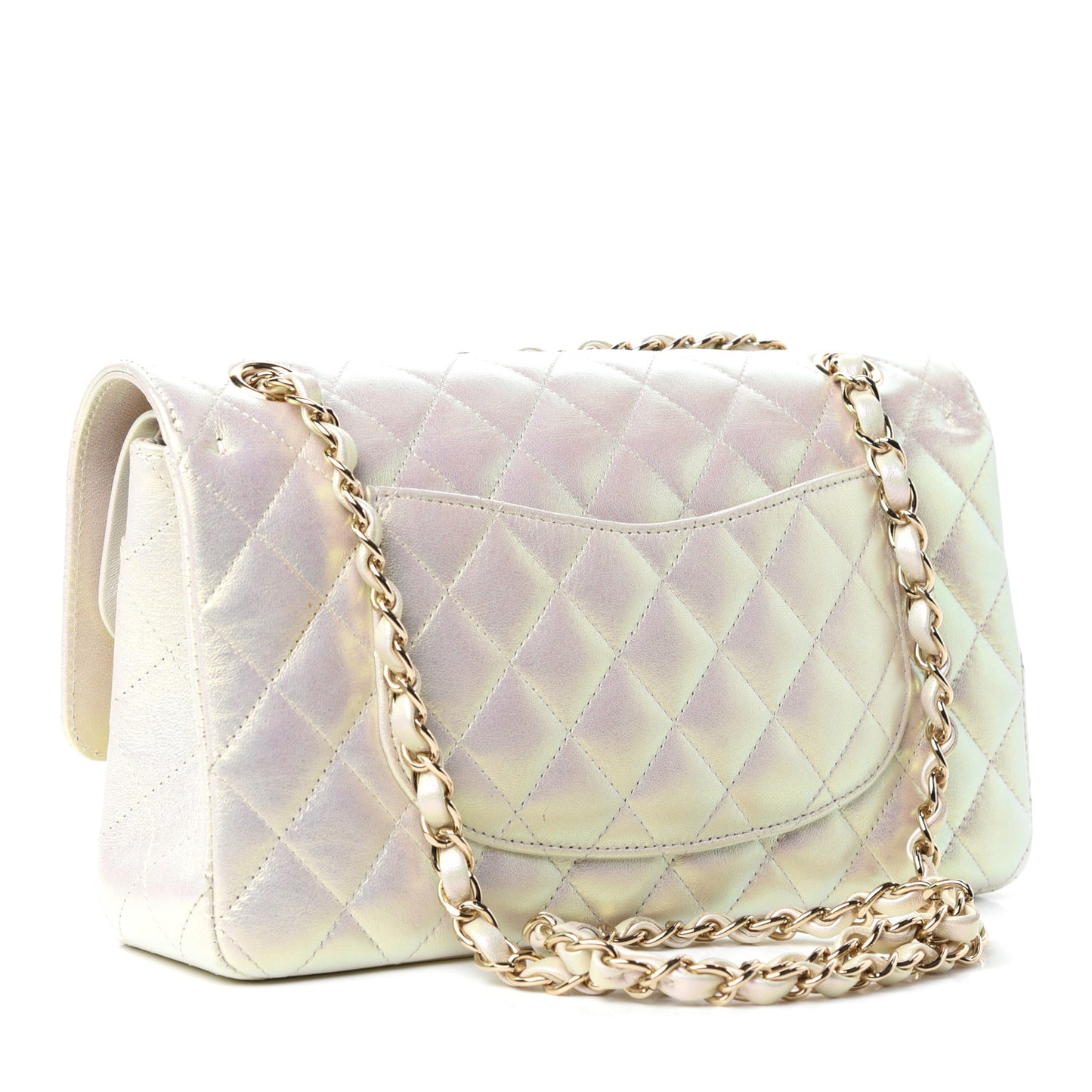Iridescent Lambskin Quilted Medium Double Flap Ivory