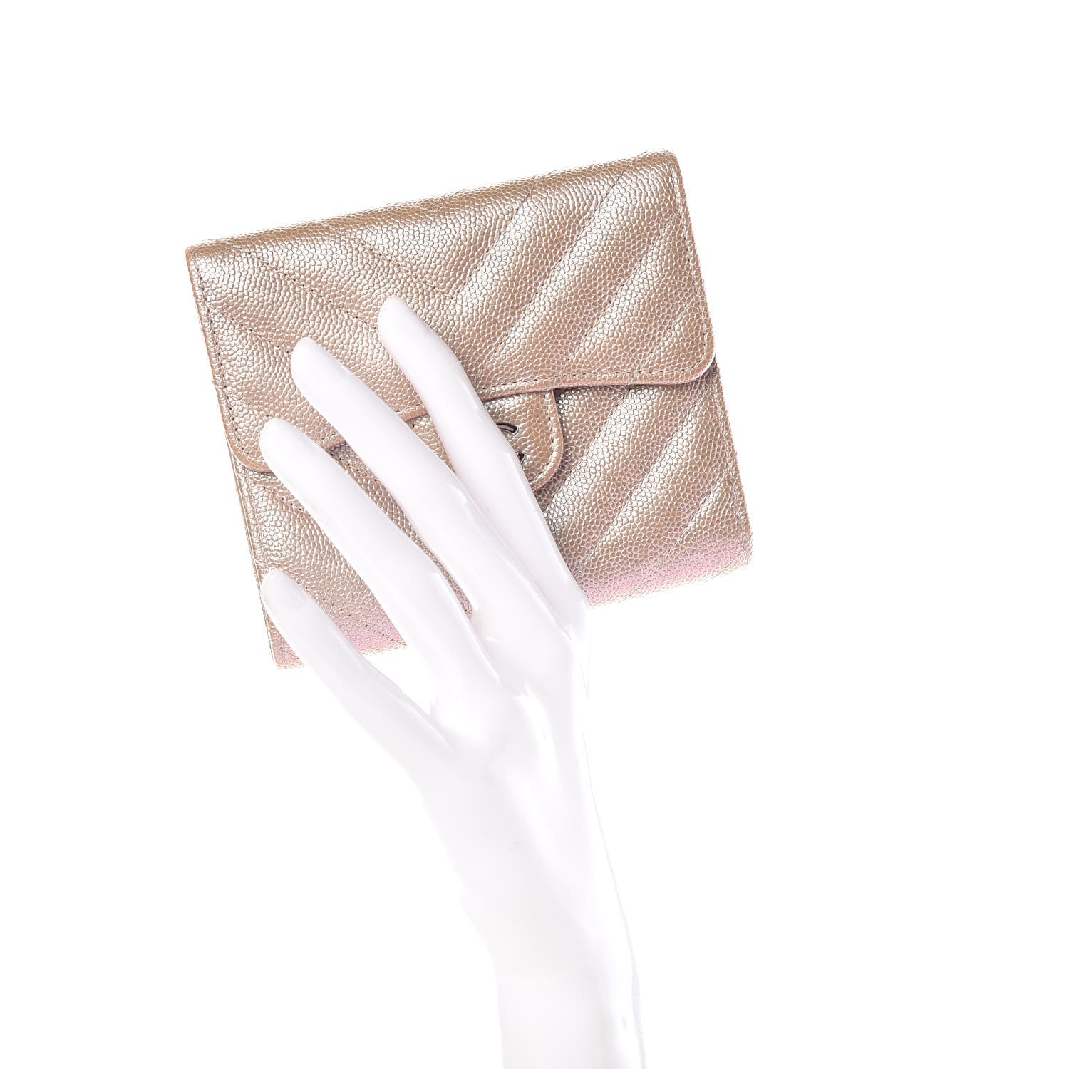 Chanel Metallic Caviar Chevron Quilted Compact Flap Wallet Light Gold 2 of 10
