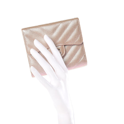 Chanel Metallic Caviar Chevron Quilted Compact Flap Wallet Light Gold 2 of 10