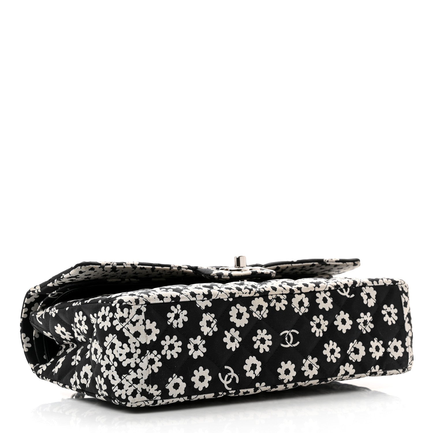 Chanel Canvas Floral Printed Quilted Medium Double Flap Black White 3 of 8