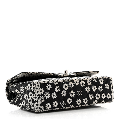 Chanel Canvas Floral Printed Quilted Medium Double Flap Black White 3 of 8
