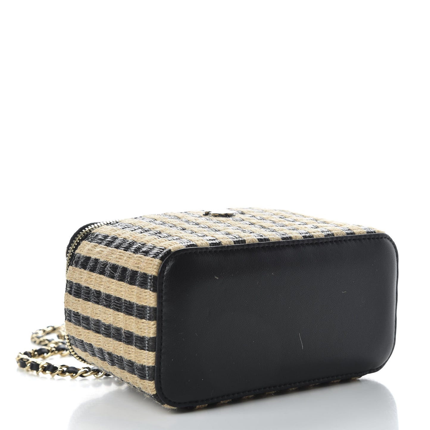Raffia Jute Striped Small Vanity Case With Chain Black Beige