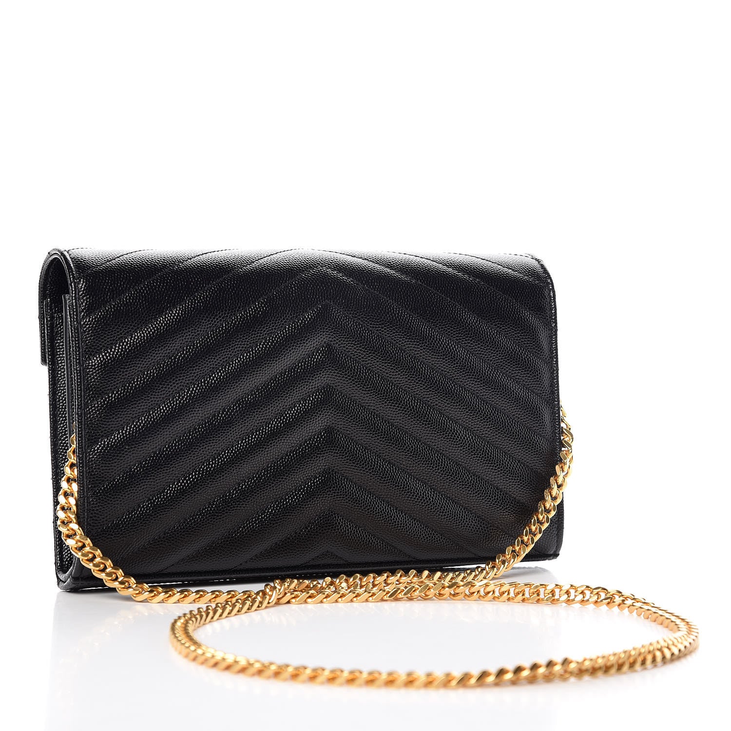 Saint Laurent Grain De Poudre Matelasse Chevron Monogram Chain Wallet Black 3 of 10