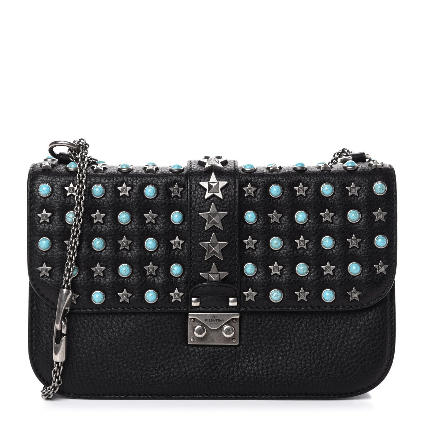 Pebbled Calfskin Star Studded Medium Lock Flap Black