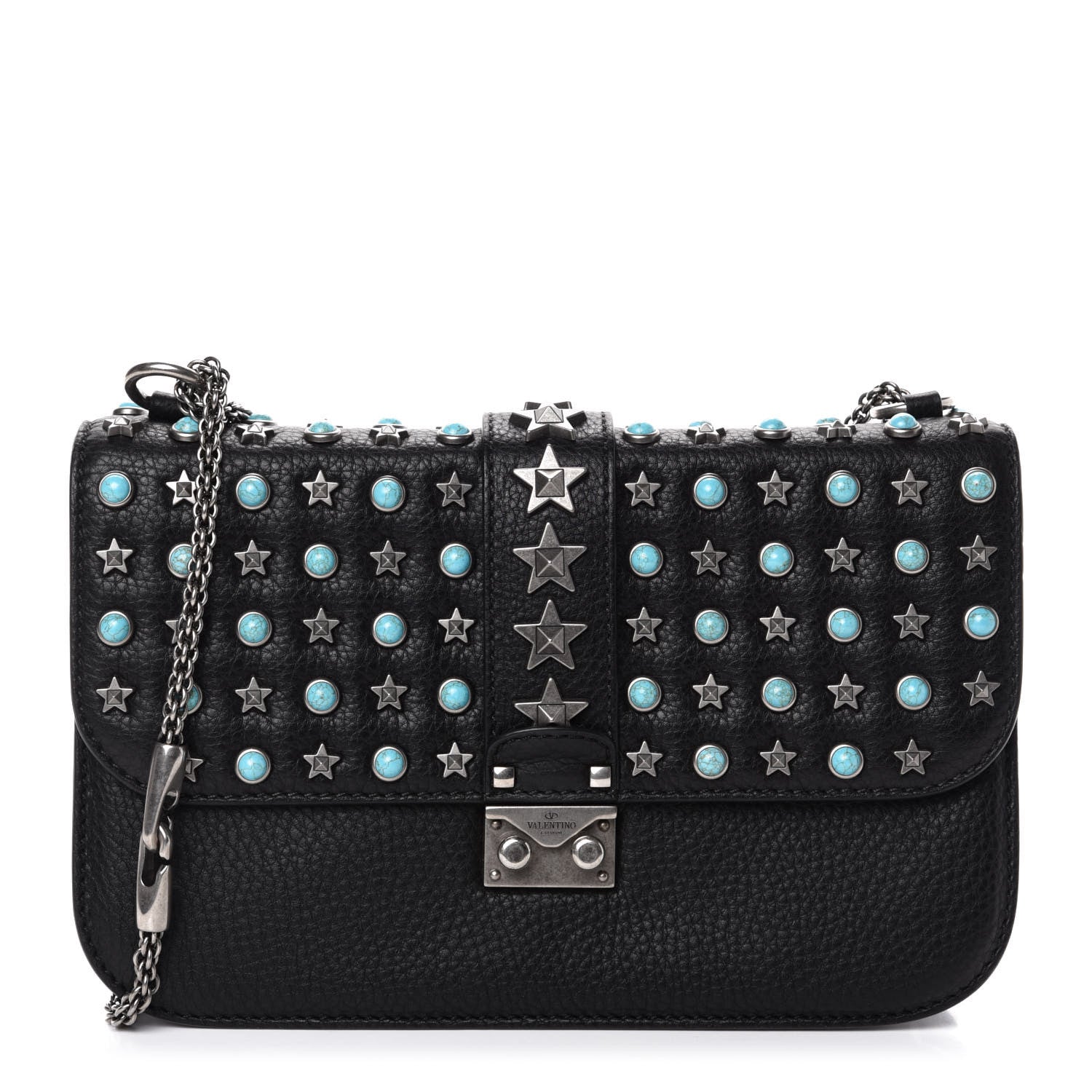 Valentino Garavani Pebbled Calfskin Star Studded Medium Lock Flap Black 1 of 10