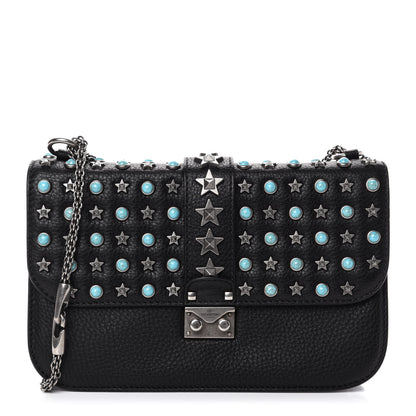 Valentino Garavani Pebbled Calfskin Star Studded Medium Lock Flap Black 1 of 10