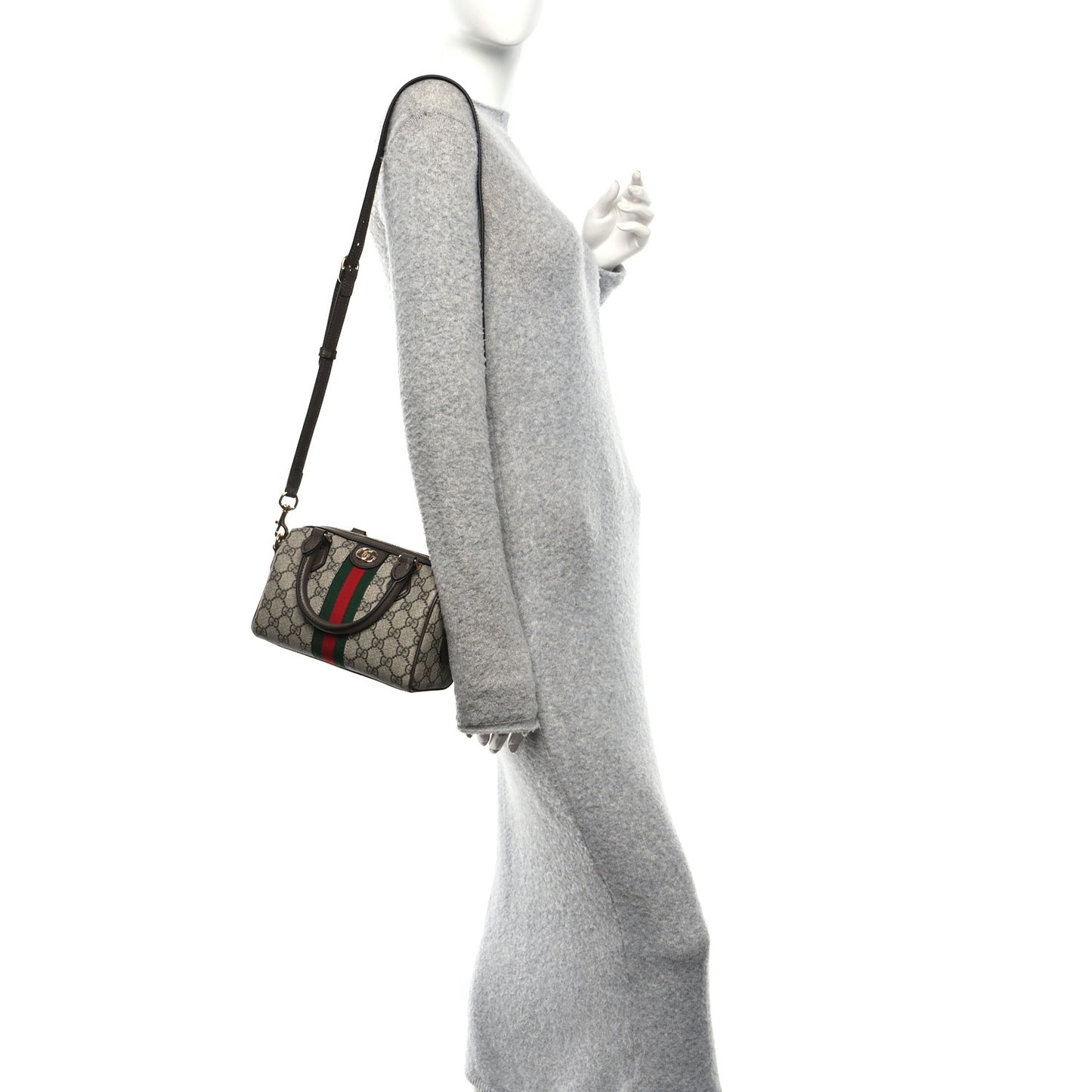 GG Supreme Monogram Textured Dollar Calfskin Web  Ophidia Top Handle Bag Beige Dark Brown