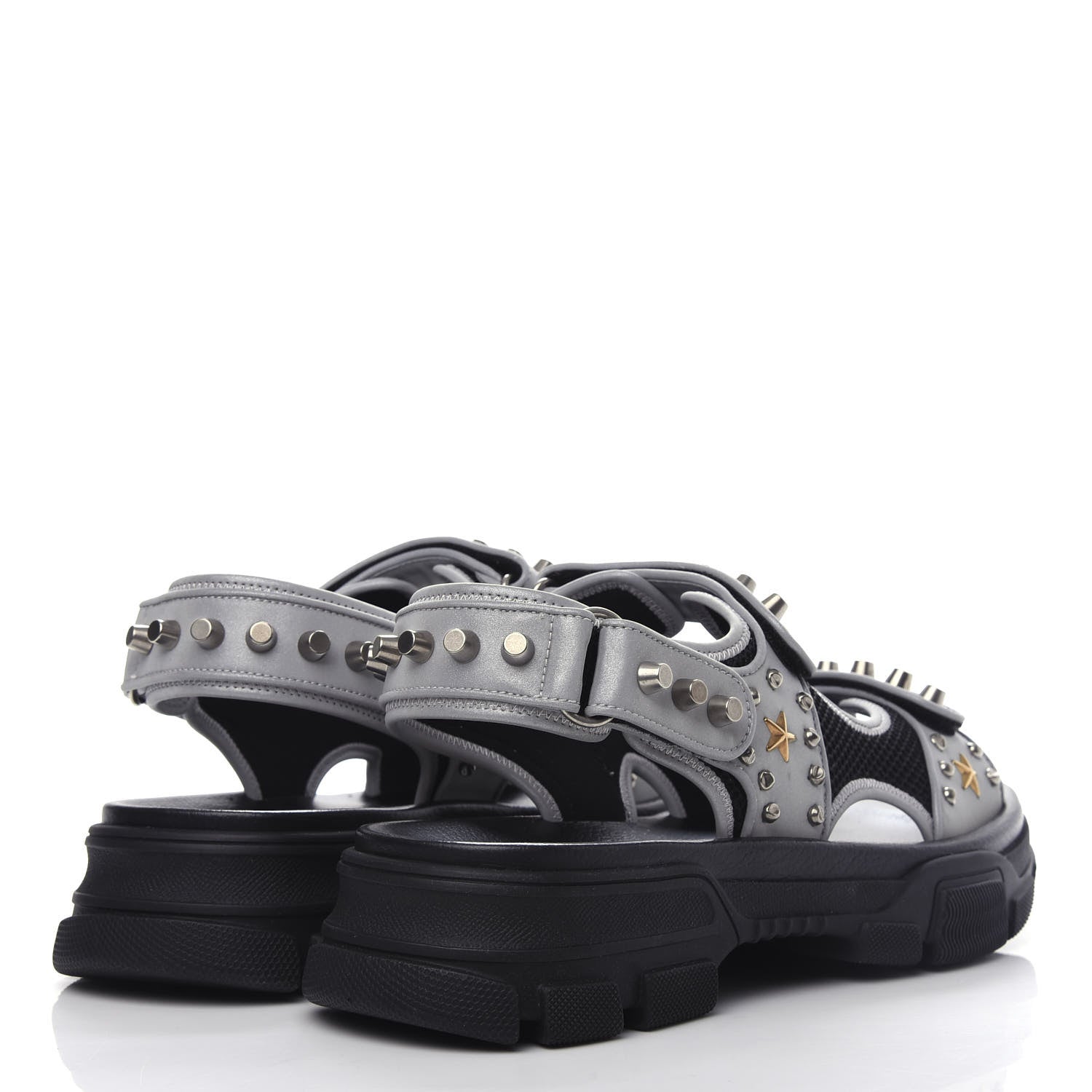 Gucci Technical Canvas Calfskin Reflective Studded Mens Aguru Sandals 11 Silver Black 4 of 9