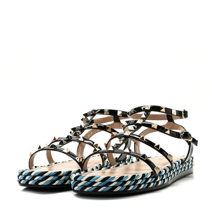Valentino Garavani Patent Rockstud Torchon Espadrille Caged 30mm Flat Sandals 39 Black 2 of 12