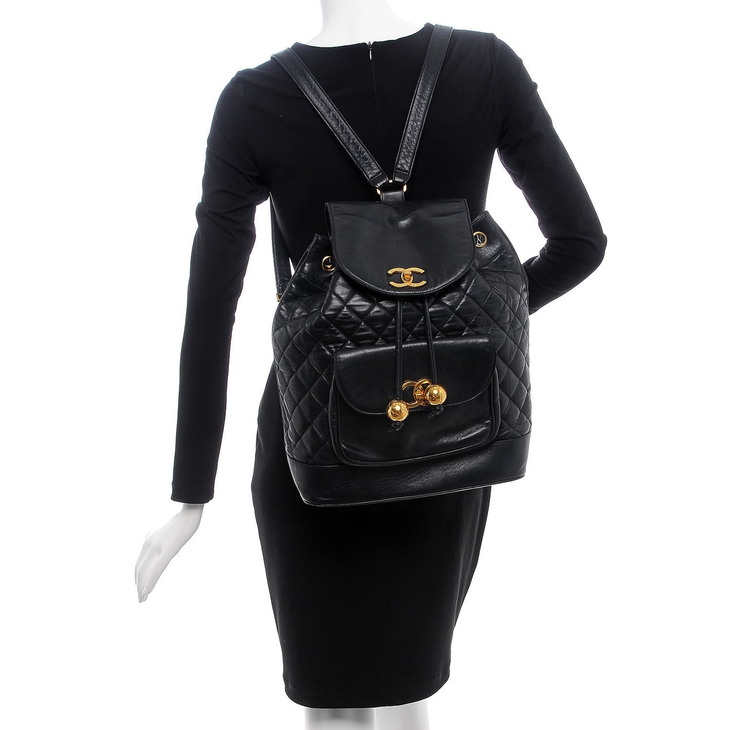 Lambskin Quilted Drawstring Backpack Black