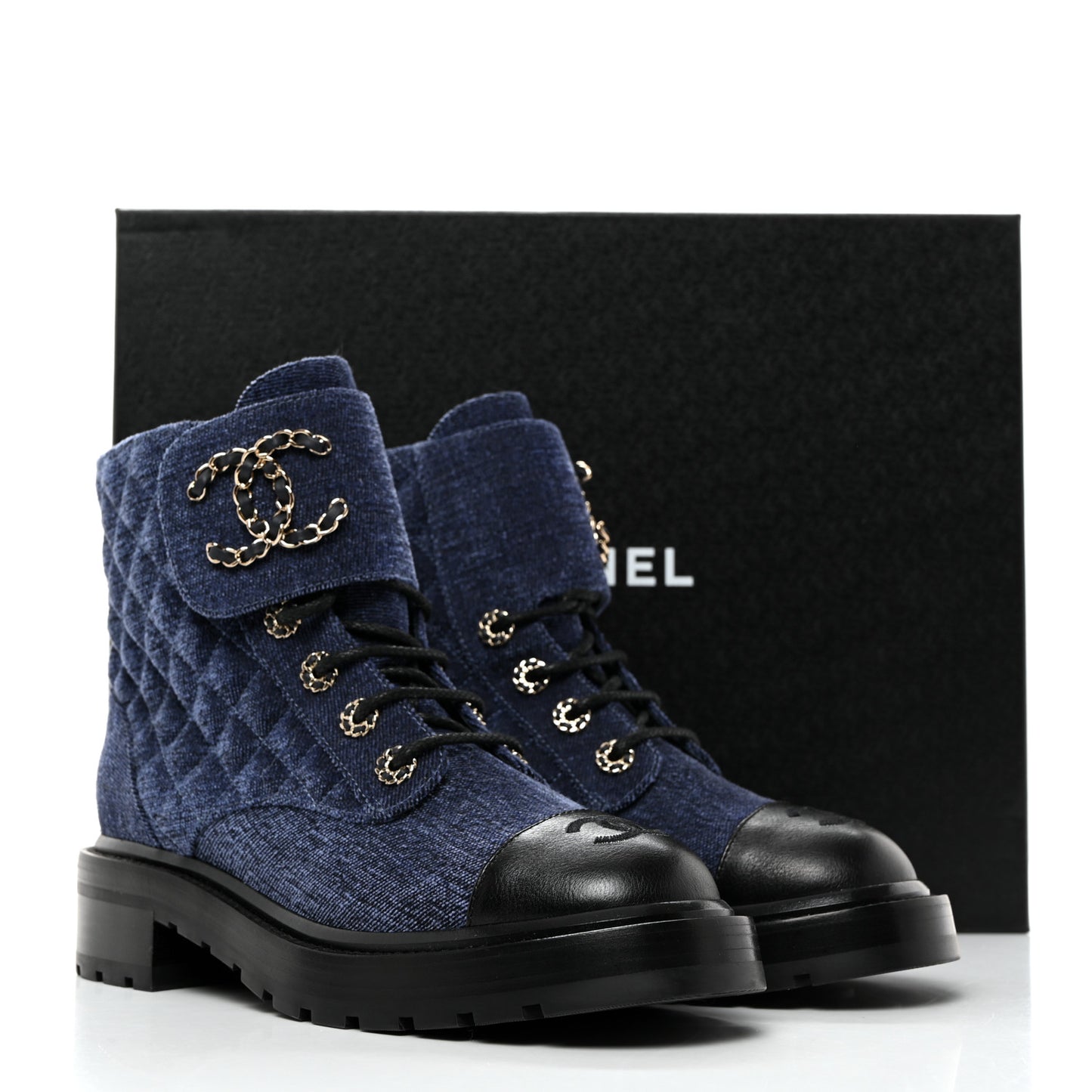 Denim Calfskin Quilted Lace Up Combat Boots 38.5 Blue