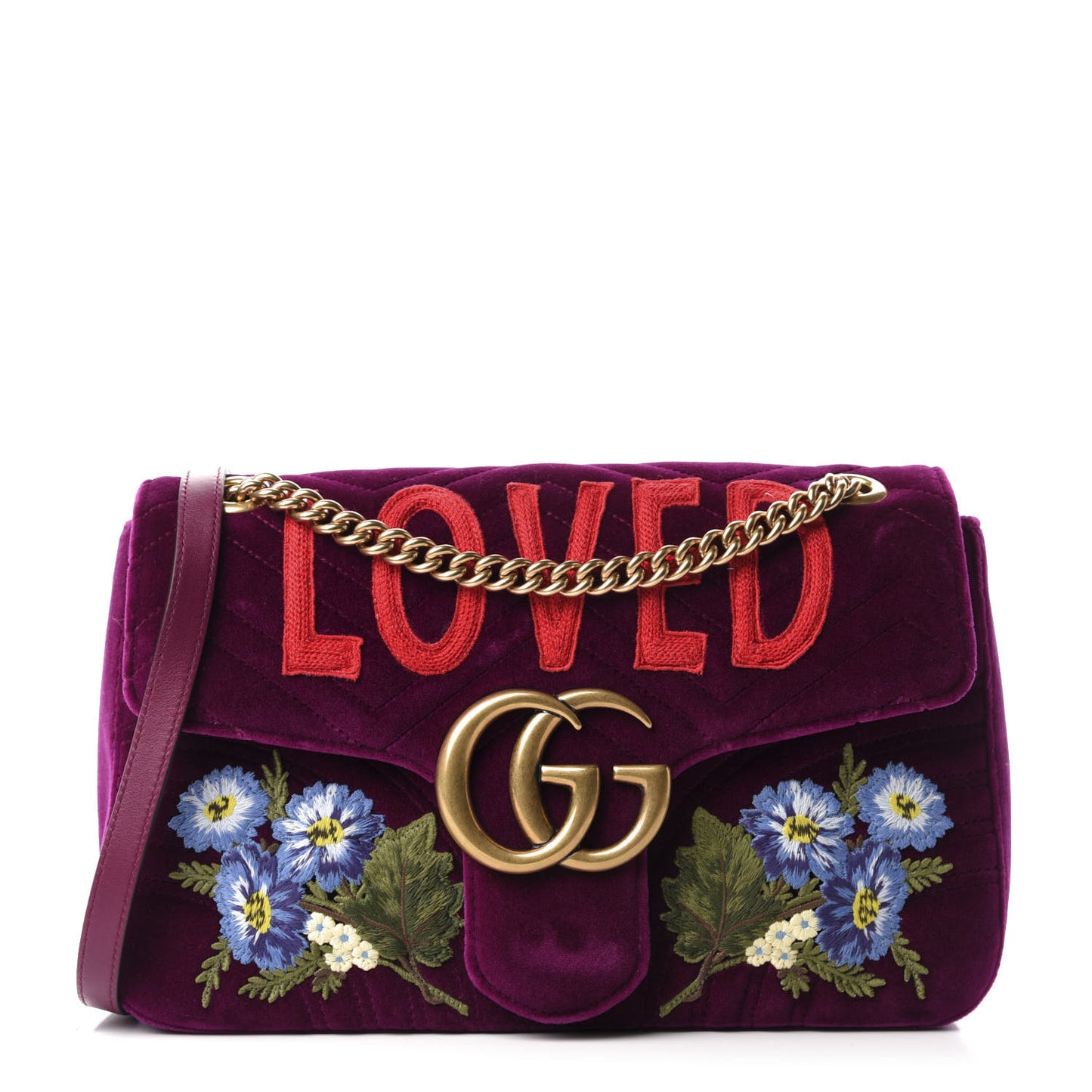 Velvet Matelasse Loved Embroidered Medium GG Marmont Shoulder Bag Fuchsia Violet Cyclamen