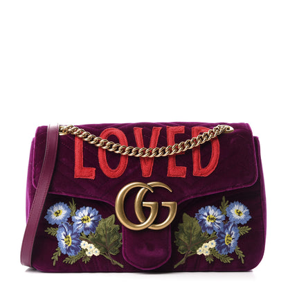 Gucci Velvet Matelasse Loved Embroidered Medium GG Marmont Shoulder Bag Fuchsia Violet Cyclamen 1 of 10