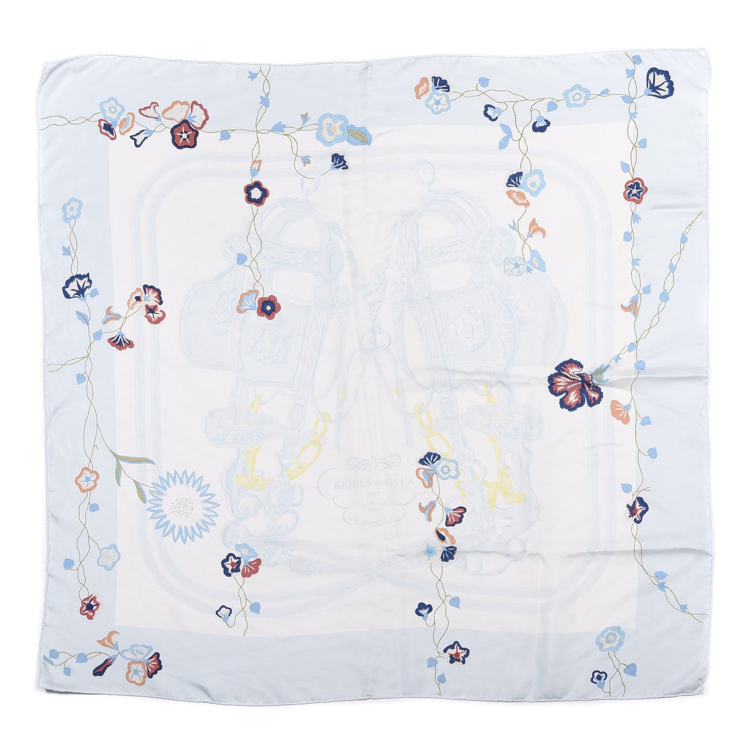 Silk Brides Fleuries Scarf 90 White Bleu Pale