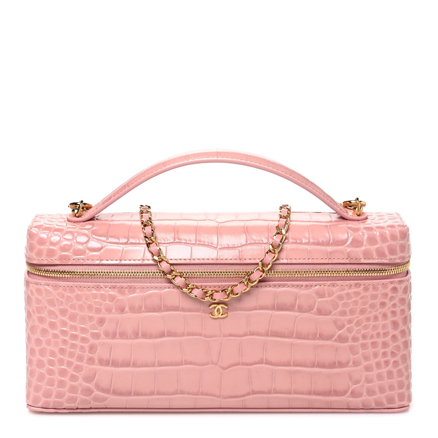 Calfskin Crocodile Embossed Crococo Top Handle Slim Vanity Case With Chain Pink