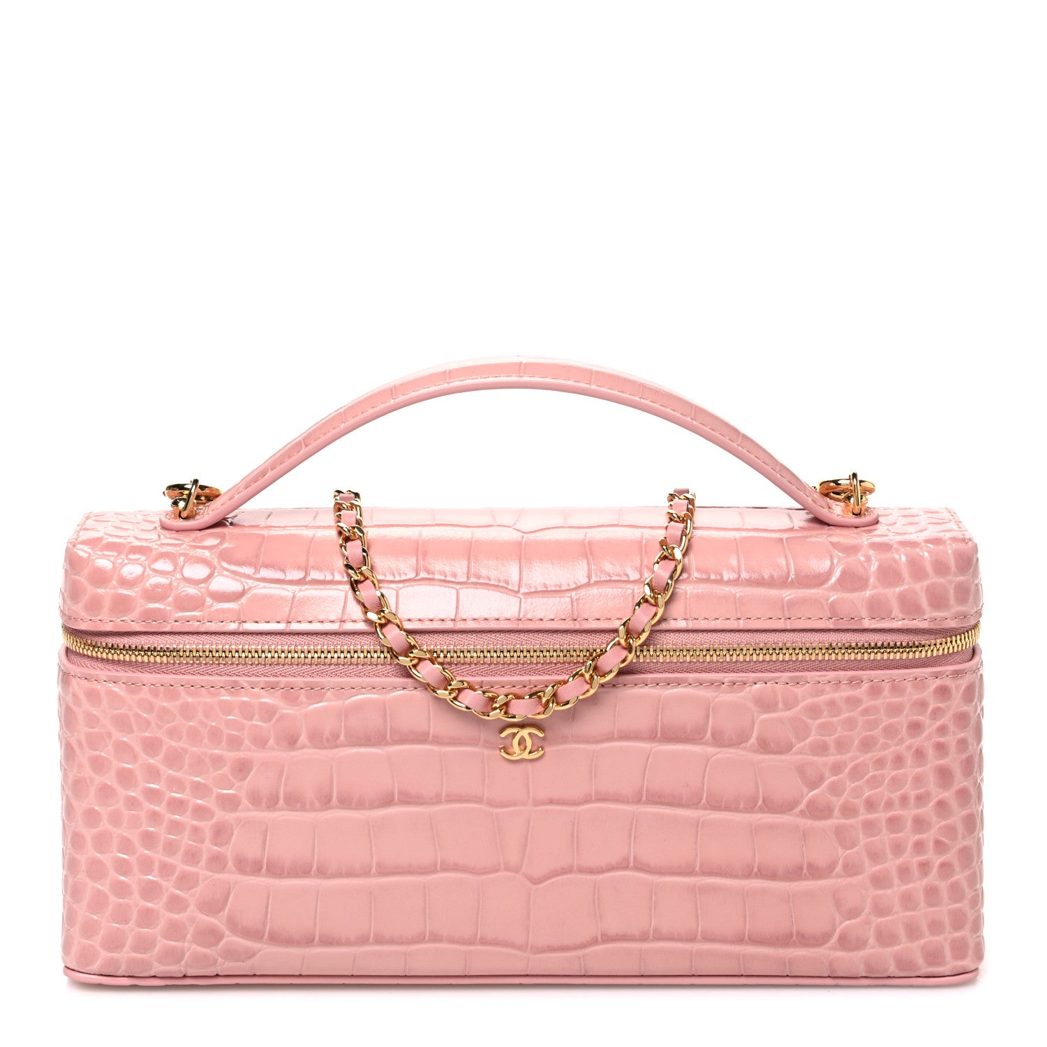 Chanel Calfskin Crocodile Embossed Crococo Top Handle Slim Vanity Case With Chain Pink 1 of 11