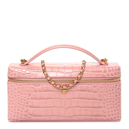 Chanel Calfskin Crocodile Embossed Crococo Top Handle Slim Vanity Case With Chain Pink 1 of 11
