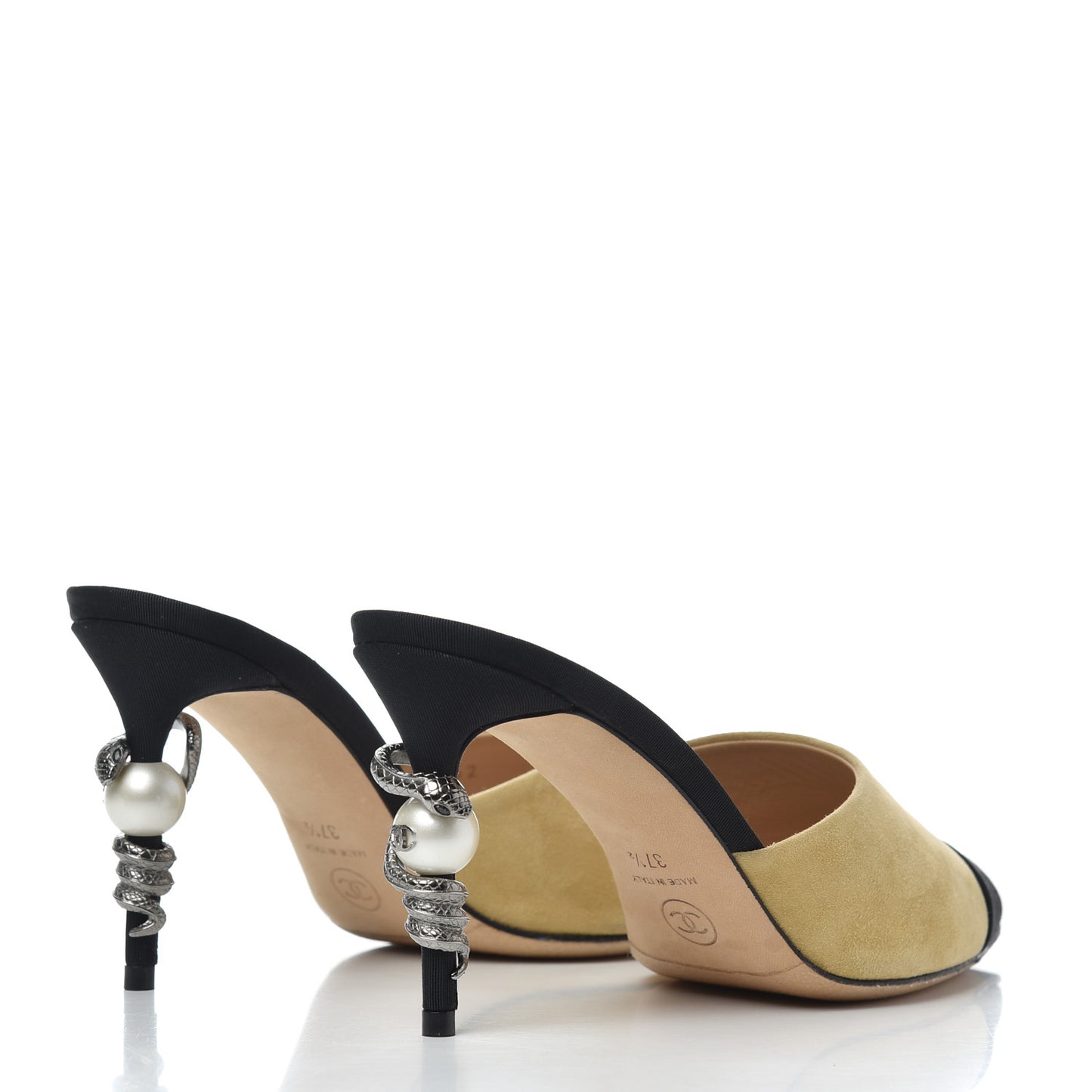 Suede Grosgrain Cap Toe Snake Pearl Mule 37.5 Beige Black