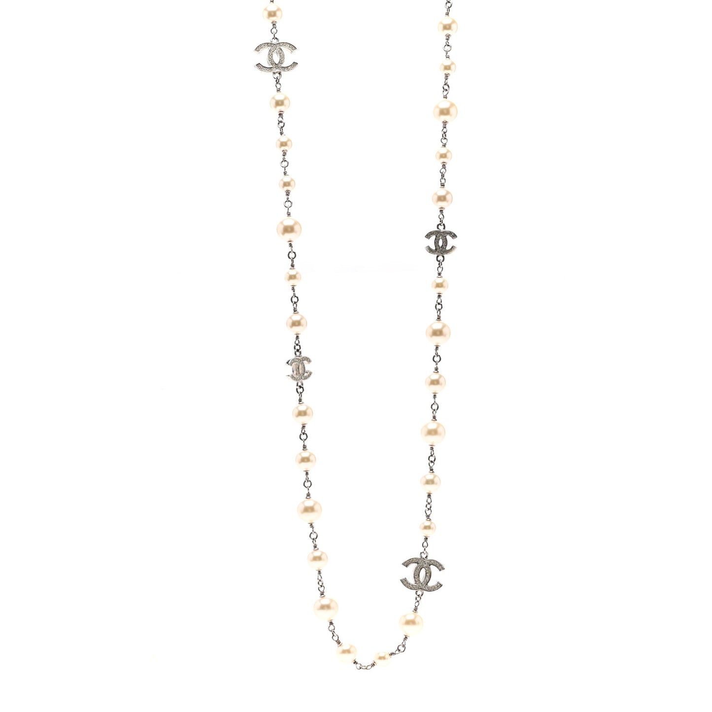 Graduated Pearl Crystal CC Long Necklace Silver