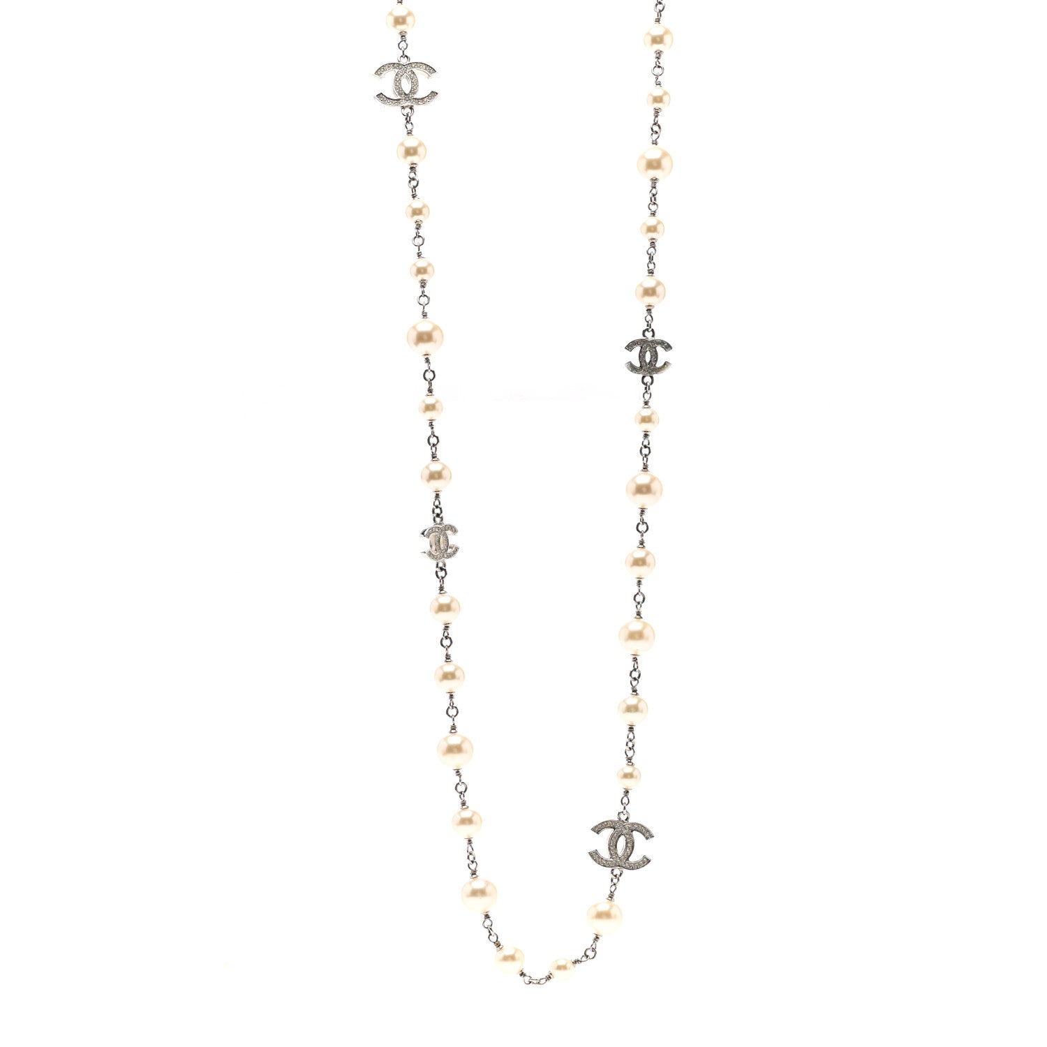 Chanel Graduated Pearl Crystal CC Long Necklace Silver 1 of 5