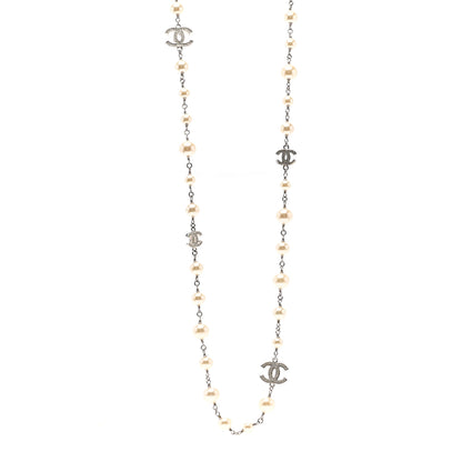 Chanel Graduated Pearl Crystal CC Long Necklace Silver 1 of 5