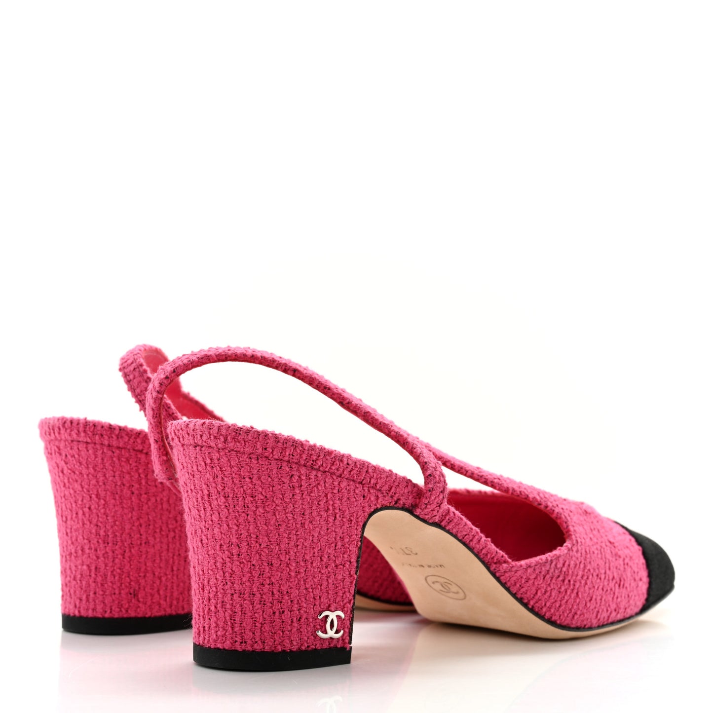Tweed Grosgrain Cap Toe CC Slingback Pumps 37.5 Pink Black
