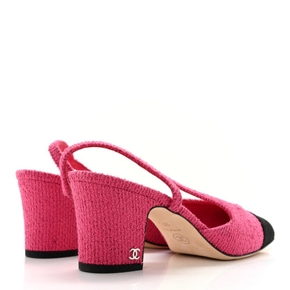 Chanel Tweed Grosgrain Cap Toe CC Slingback Pumps 37.5 Pink Black 4 of 10