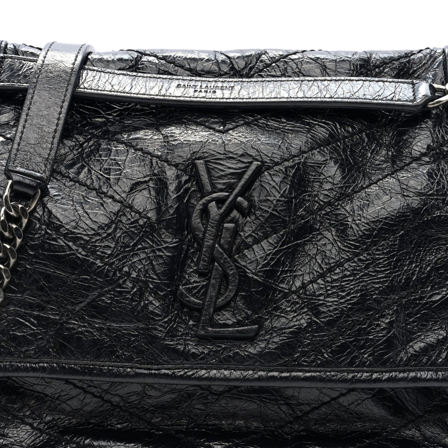 Crinkled Calfskin Matelasse Monogram Medium Niki Chain Satchel Black