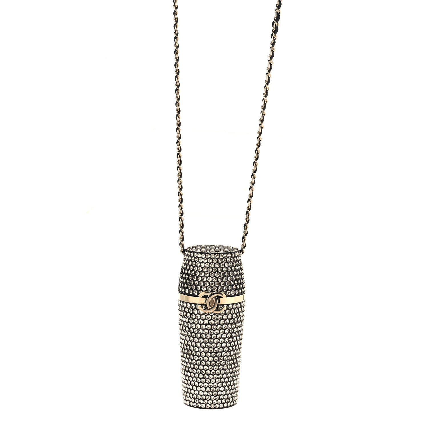 Chanel Metal Resin Lambskin Crystal Lipstick Case Long Necklace On Chain Silver Black Gold 1 of 4