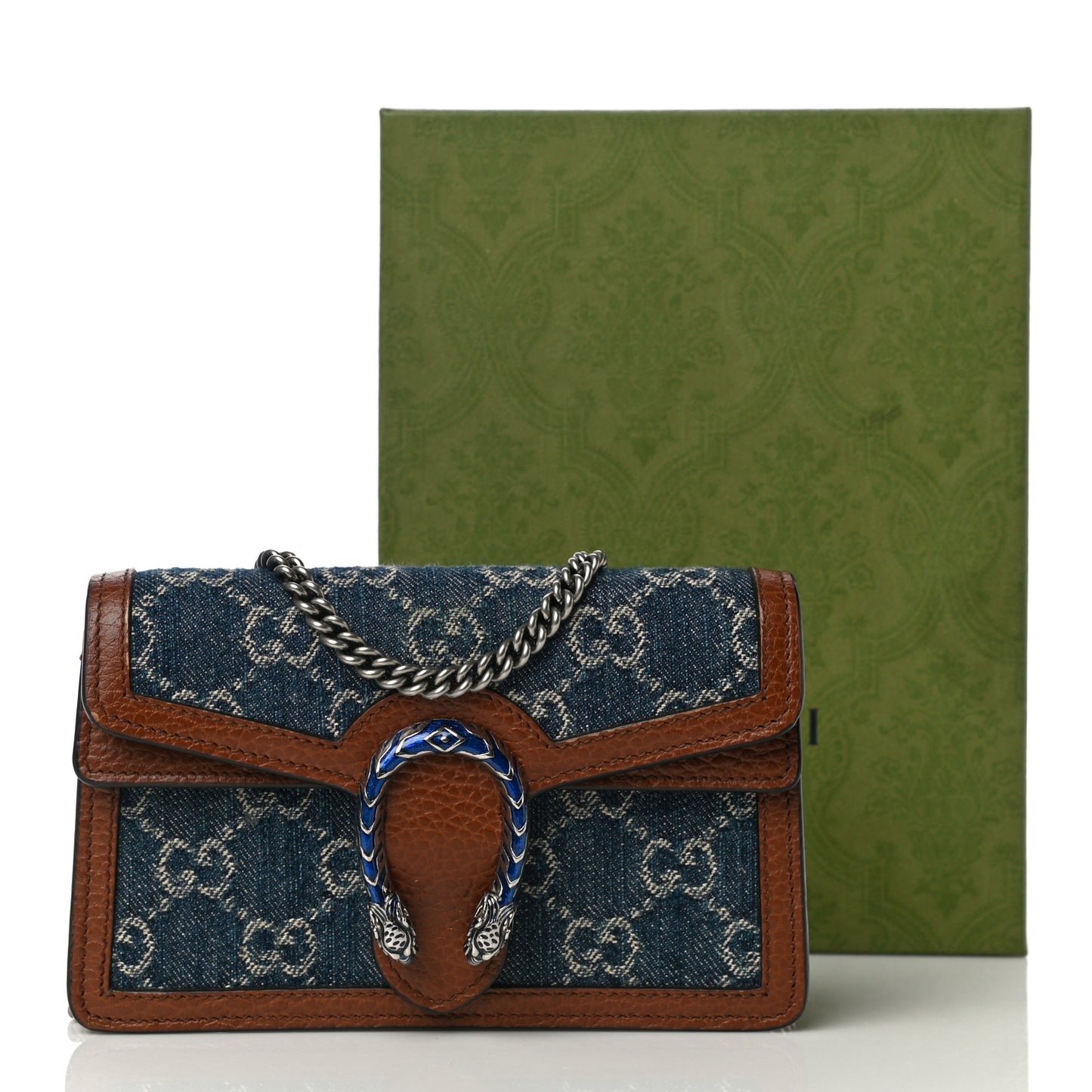 New Denim GG Monogram Dollar Calfskin Enamel Super Mini Dionysus Shoulder Bag Blue Tea Cuir Epilog Electric Blue