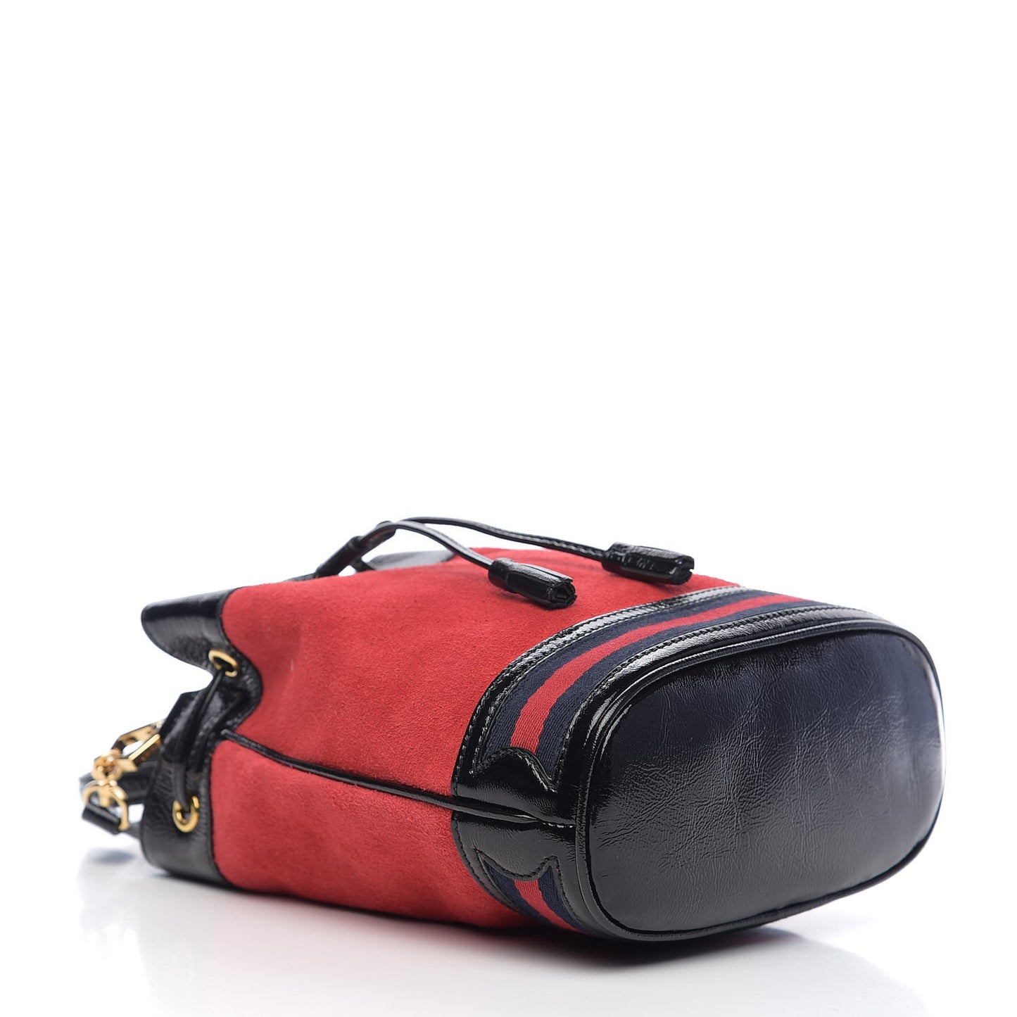 Suede Patent Web Small Ophidia Bucket Bag Hibiscus Red Black