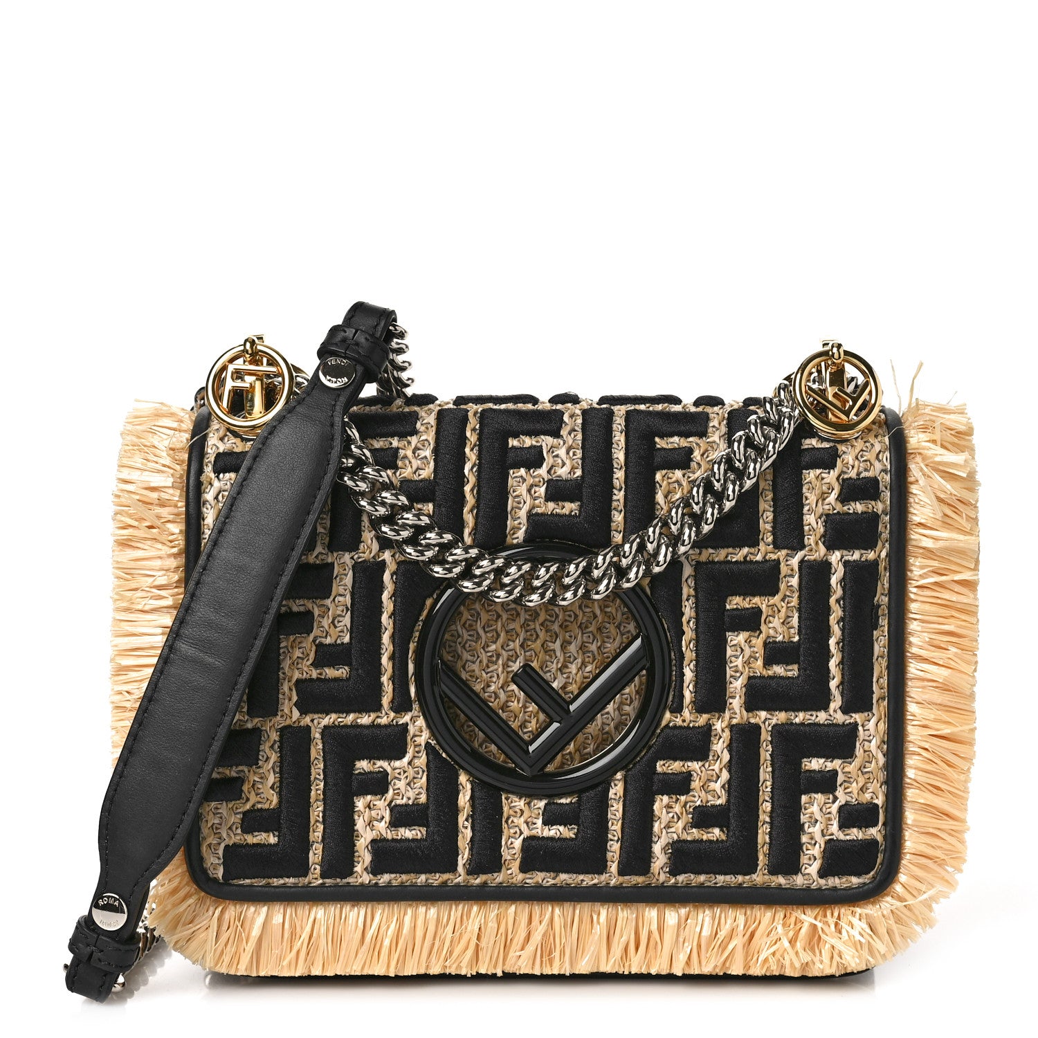 Fendi Raffia Vitello Century F is Fendi FF Embroidered Fringe Small Kan I Shoulder Bag Natural Black 1 of 8