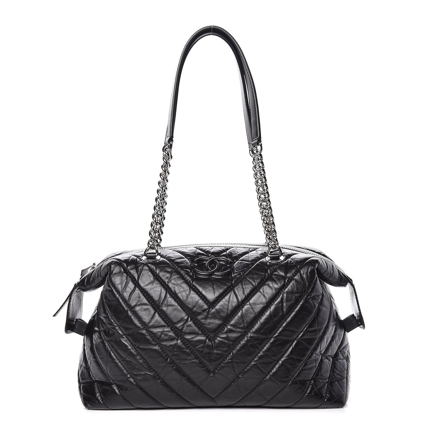 Aged Calfskin Chevron Quilted Bowling Bag Black