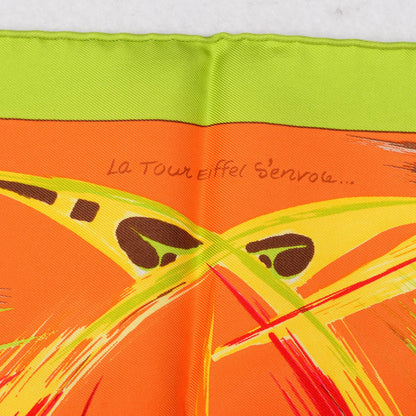 Hermes Silk Le Tour Eiffel S'Envole Pocket Square Scarf Vert Vif Orange Vif 4 of 5