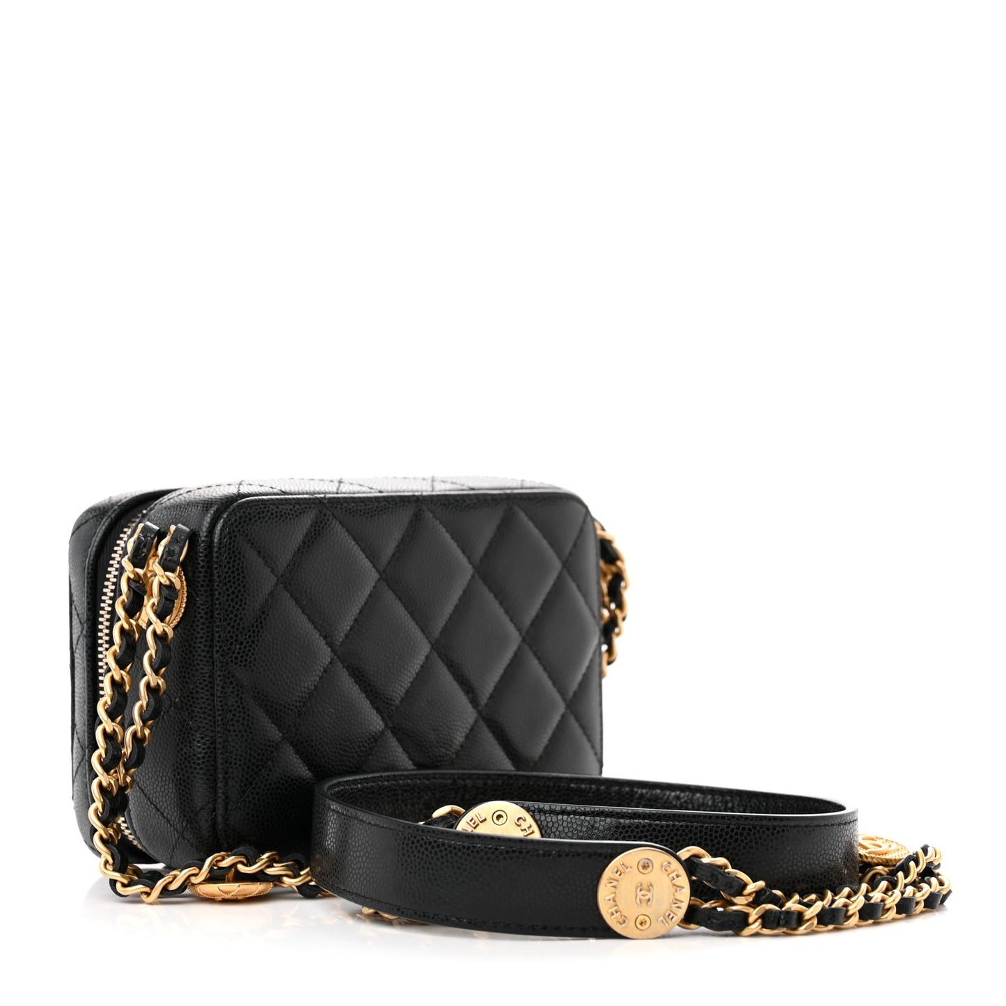 Caviar Quilted Twist Your Buttons Clutch With Chain Black